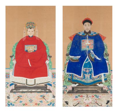  Chine, fin de la période Qing (1644-1912) Paire de portraits de dignitaires représentés...