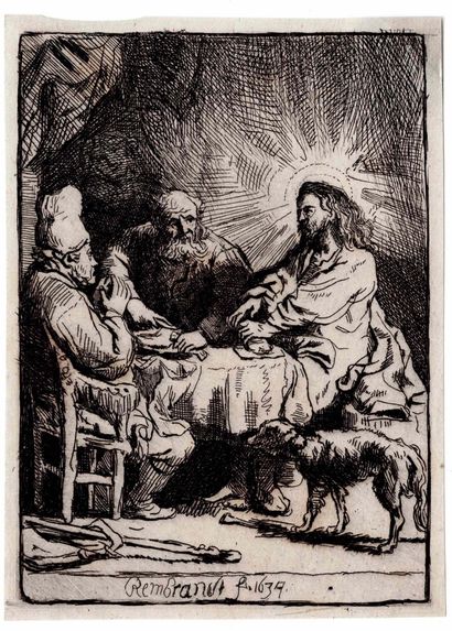  d'après REMBRANDT VAN RIJN (1606 - 1669)
- Le repas à Emmaüs, petite planche, copie... Gazette Drouot