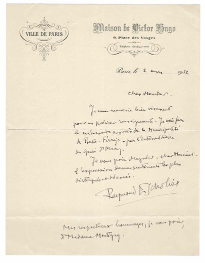 HISTORY - ESCHOLIER Raymond (1882 - 1971) - Autograph letter signed Orphelin à l'âge... Gazette Drouot