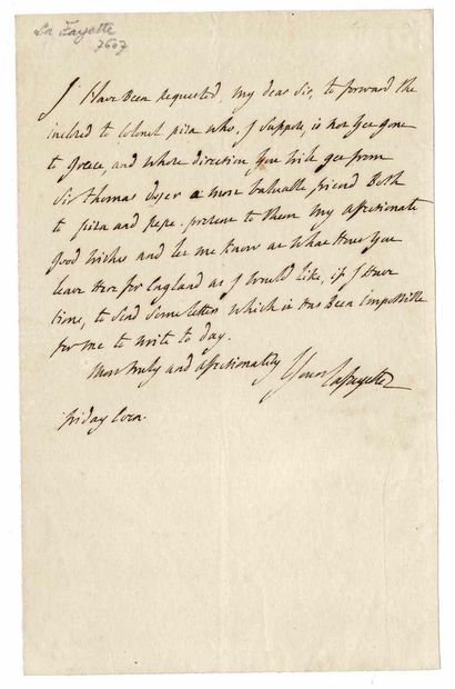 HISTORY - LA FAYETTE Marie Joseph (1757 - 1834) - Autograph letter signed Il étudie... Gazette Drouot