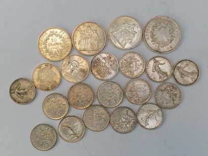 null Lot de monnaies en argent cpt 1x50F Hercule, 3x10F Hercule, 14x5F et 3x100F....