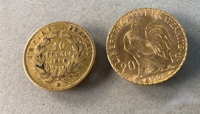 20F gold cockerel coin and 10F gold Napoleon...