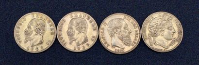 null Lot de 4 pièces en or comprenant 2 x 20 lires Italie, 1 x 20F et 1 x 20F Be...