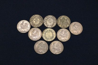 null 10 pièces de 20 francs or cpt: 1 x 1860, 1 x 1856 , 1x 1869,1 x 1852, 2 x 1907,...