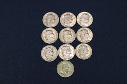 null lot de 10 pièces de 20 francs en or jaune dont 7 datées 1914, 1 datée 1865 et...