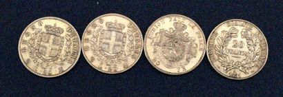 null Lot de 4 pièces en or comprenant 2 x 20 lires Italie, 1 x 20F et 1 x 20F Be...