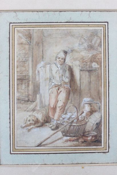 null Drawing "young man in the henhouse". XVIIIth century. 13 x 10 cm
