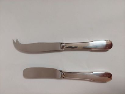 null Butter knife + cheese knife with solid silver handle 1 ° stamp Minerve model...