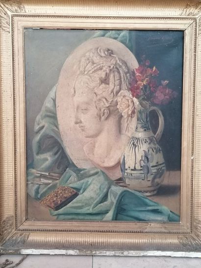 null Jeanne LEGRAND . 19th century "still life with medallion and pitcher", oil on...