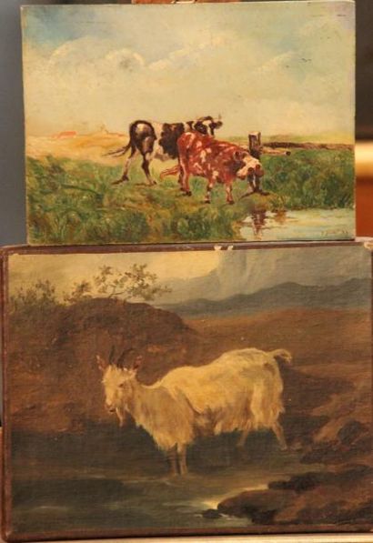 null 2 tableautins "Vaches" et "Chèvre", huile sur toile et huile sur panneau. 19x25...