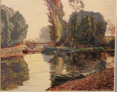 Eugen STIBBE (1868-1921) "L'écluse", huile sur toile, signée et datée 1905. 60x7...