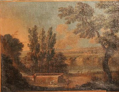 Ecole Française fin XVIIIème-début XIXème siècle "Paysage au lavoir", huile sur toile....