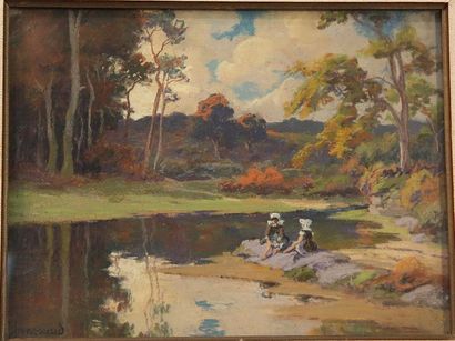 JANSSAUD Mathurin (1857-1940) "Paysage aux bretonnes", pastel signé en bas à gau...