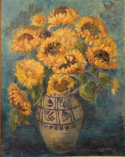 HEQUET KOENIG (XXème siècle) "Les tournesols", huile sur toile. 92x73
