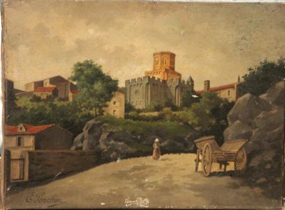 E. PONCHON "La tour fortifiée", huile sur toile. 30x40 (rentoilée)