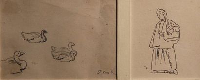 Alphonse STENGELIN (1852-1938) "Paysage" et "Canards", 2 dessins à la plume ou c...