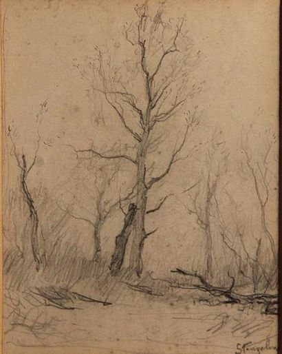 Alphonse STENGELIN (1852-1938) "Paysage" et "Canards", 2 dessins à la plume ou c...