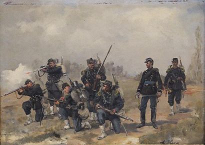 Albert BLIGNY (Essôme 1849 - Férolles 1908) "Soldats au front", huile sur panneau...