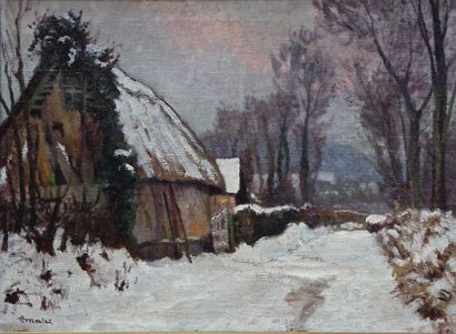 Albert Malet "Neige en Normandie"
huile sur toile signée en bas à gauche.
73x54 ...