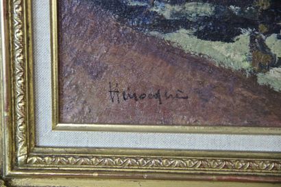 Narcisse HENOCQUE (1879-1952) 
Péniche aux Bords de Seine
Huile sur toile
rentoilée
signée...
