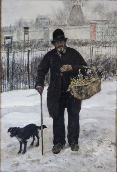 Jean-François RAFFAELLI (1850-1924) 
Promeneur et son chien
Huile sur panneau
signée...