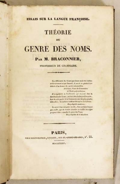 null BRACONNIER. Théorie du genre des noms. Paris, Belin-Mandar, 1835.

In-8 veau...