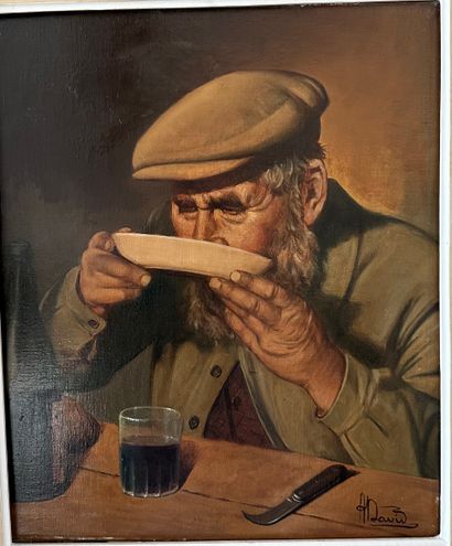 null André DAVID (XX)
Vieil homme mangeant sa soupe
Huile sur toile
Signée en bas...