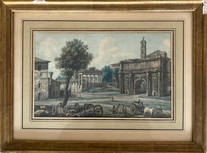 null Ecole du XIXème siècle 
Paysage aux ruines
Deux aquarelles. 
18,5 x 30 cm (à...