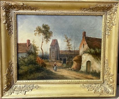 null Ecole française du XIXè siècle
Paysage à l'église avec paysanne
Huile sur toile.
19...