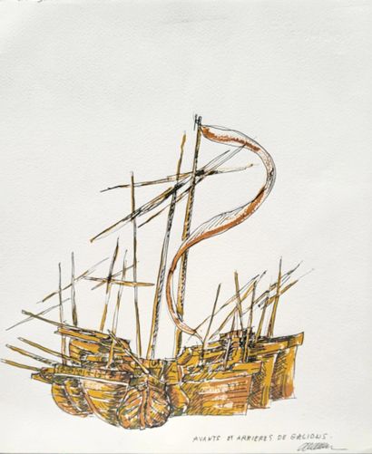 ARMAN (1928-2005) Avants et Arrières de Galions.
Gouache et encre SBD
41 x 35 cm Gazette Drouot