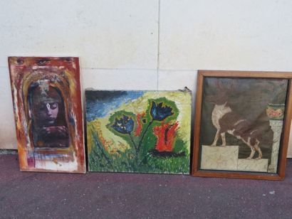 null Lot de 3 huiles sur toiles, figurant un visage, un chien et des fleurs. De 63...