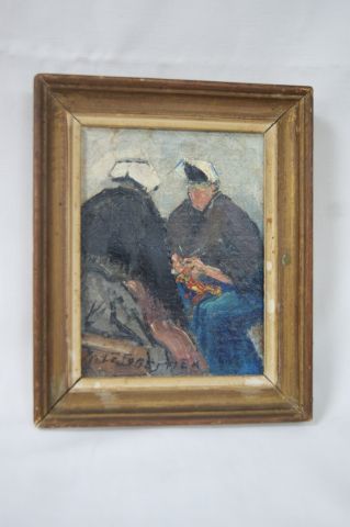 null LE FORRESTIER "Les Bretonnes" Huile sur toile. SBG. 18 x 14 cm Cadre en bois...