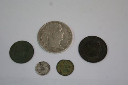 null Lot de 5 pièces : 5 francs en argent Napoléon Ier 1811 (24,45 g), 10 centimes...