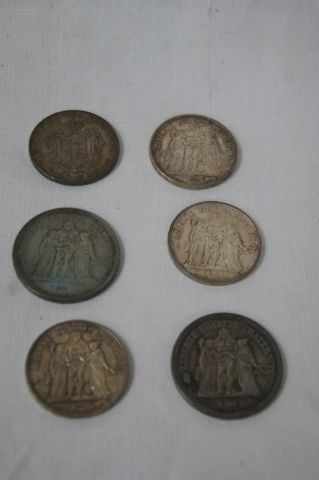 null Lot de pièces de monnaie en argent : 2 de 50 francs Hercule (1974), 3 de 10...