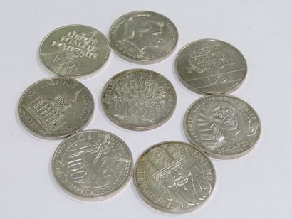 null Lot de 8 pièces de 100 francs en argent : Liberté 1988, Charlemagne 1990, Panthéon...