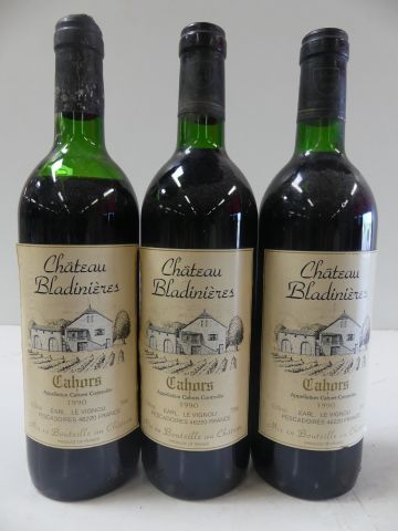 null 3 bouteilles de Château Bladinières 1990 Cahors Récoltant Le Vignan - 2 niveaux...