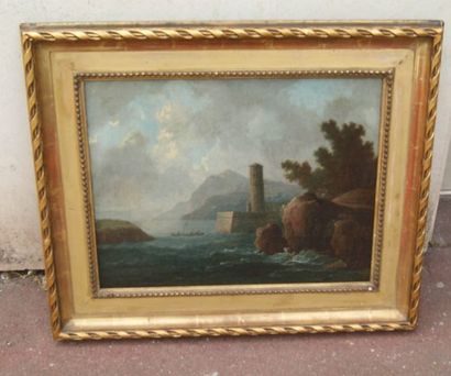 null ECOLE ITALIENNE DU XVIIIle "Paysage à la barque" Huile sur toile, 39 x 50cm...