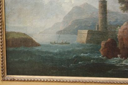 null ECOLE ITALIENNE DU XVIIIle "Paysage à la barque" Huile sur toile, 39 x 50cm...