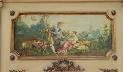null Trumeau en bois laqué, à décor peint d'une scène pastorale. 158 x 104 cm