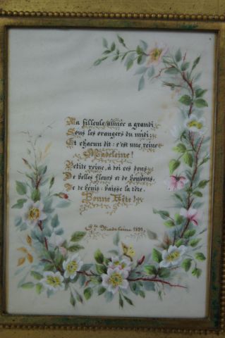 null Cadre à poser en bois doré, contenant un poème à Madeleine. Daté de 1883. 21...