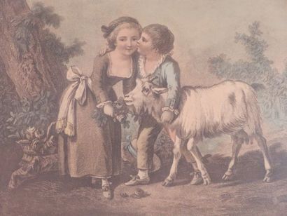 null D'après Huet, Paire de gravures en couleurs "Le Coq secouru" - "Le Mouton favori"....