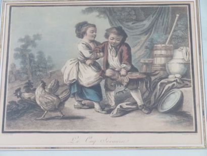 null D'après Huet, Paire de gravures en couleurs "Le Coq secouru" - "Le Mouton favori"....