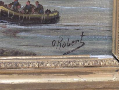 null O. ROBERT. "Les pêcheurs". Huile sur toile signée en bas à droite. Manques et...