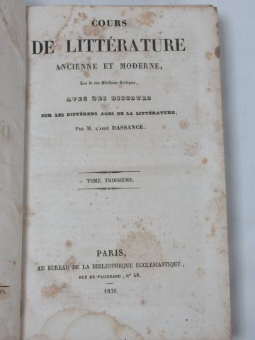 null L'Abbé Dassance "Cours de littérature ancienne et moderne" Bureau de la bibliothèque...