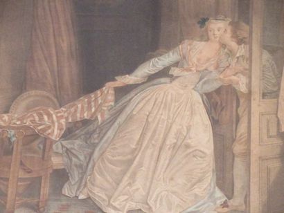 null Ecole française du XVIIIe "Le baiser à la dérobée" Gravure en couleurs. Encadrée...