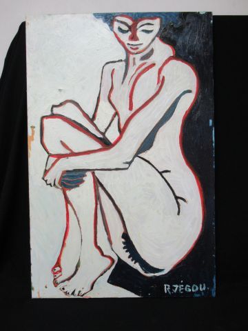 null R.JEGOU "Nude on the back" Oil and acrylic on canvas. SBD, countersigned on...