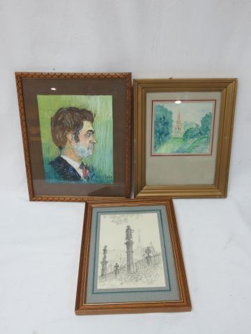 null Lot of 3 drawings (watercolor, pastel, pencil), featuring a portrait and 2 landscapes....