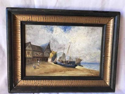 null Dutch School (?) Oil on panel showing a seaside. Monogrammed on the bottom right....