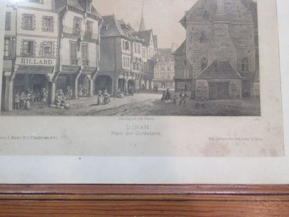 null From DEROY "Dinan, place des Cordeliers" lithograph in black. Framed under glass,...