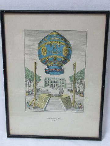 null Reproduction in colour, showing "The First Air Voyage of 1783". Framed under...
